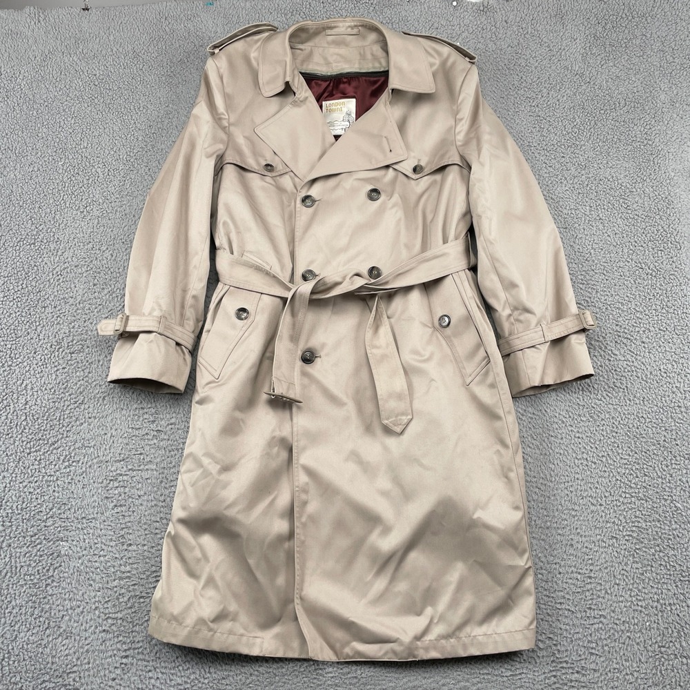 London Towne Trench Coat Mens 44 Reg Tan Double Breasted Belted Faux Fur Liner